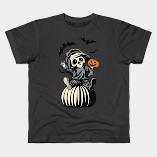 “Skeleton with Jack-O-Lantern and Bats Kids T-Shirt